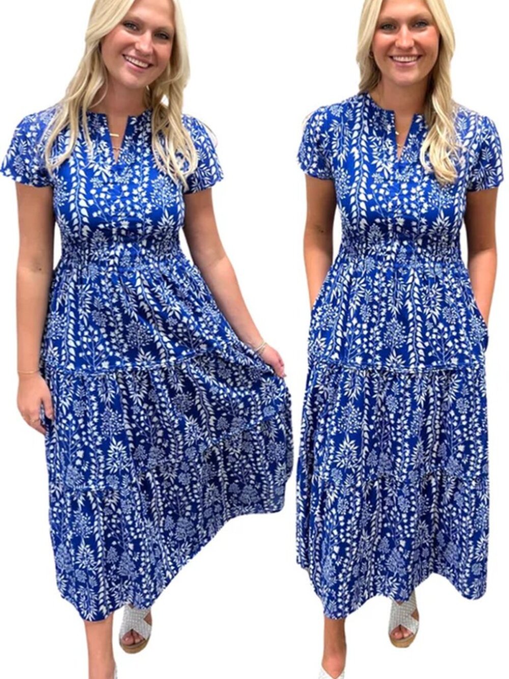 Liza Byrd Sydney Cinched Waist Midi Dress S Royal Blue White Floral $138 Boho